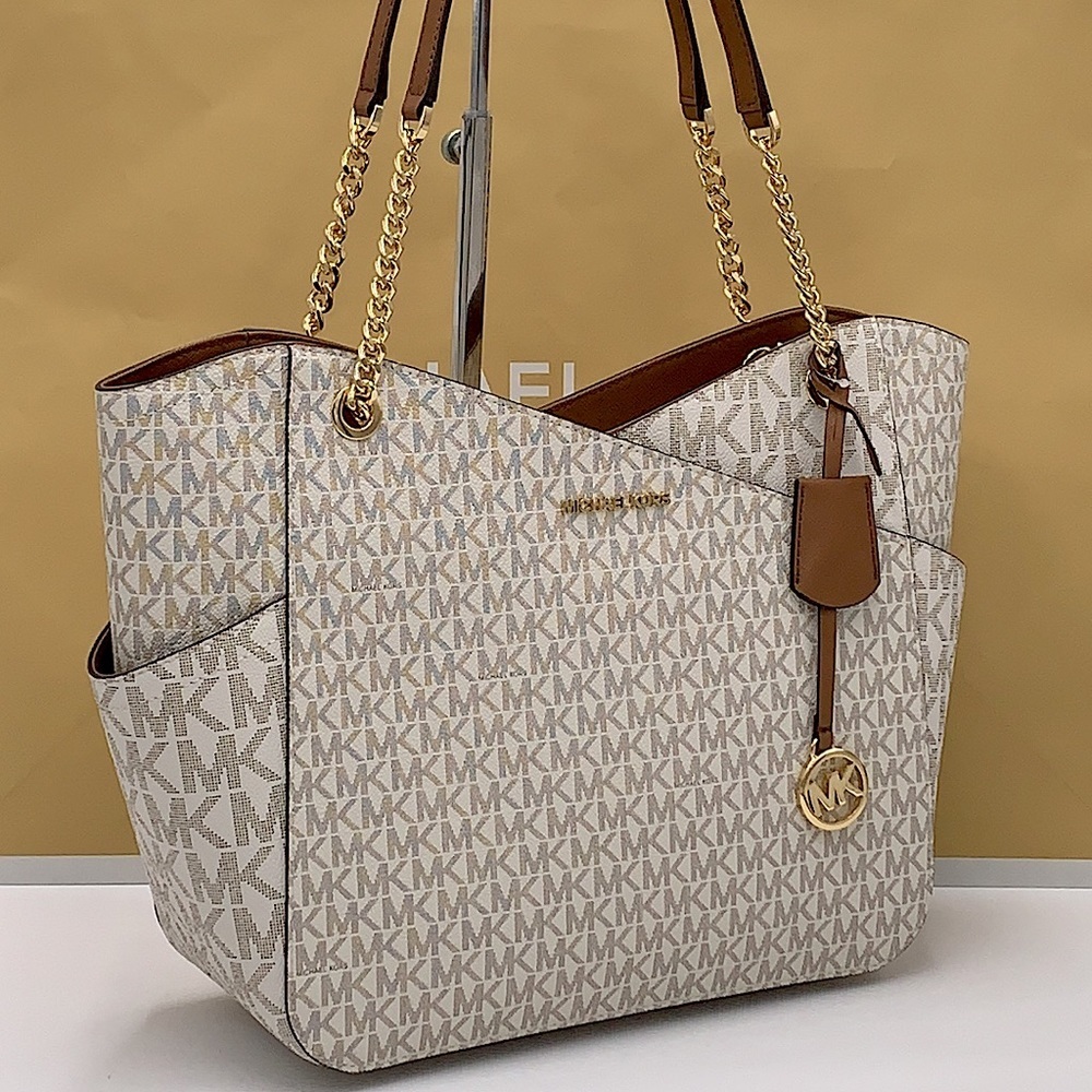 MICHAEL KORS LARGE X CHAIN SHOULDER TOTE BAG VANILLA SIGNATURE